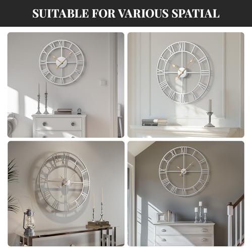 Cuspin 20 Inch Wall Clock Large Silver Decorative Modern Metal Clocks - Image 6