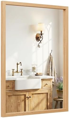 24" x 36" Natural Oak Bathroom Mirror, Moisture-Resistant Rectangular Vanity by Pocetry