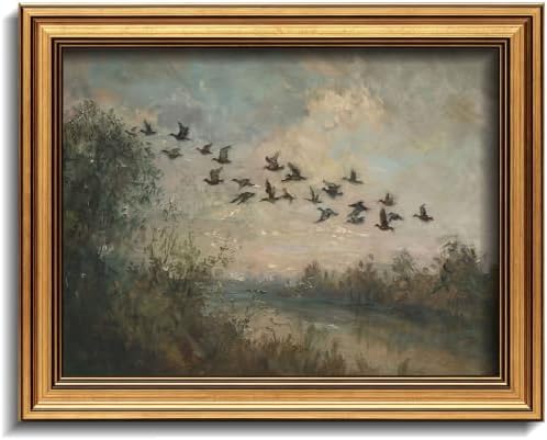 Gold Framed 3D Textured Wall Art, Vintage Misty Lake Forest Flying Duck Canvas by Jesicatmin