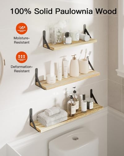Amada Solid Paulownia Wood Wall Shelves, Large Size, Natural Wood - Image 6