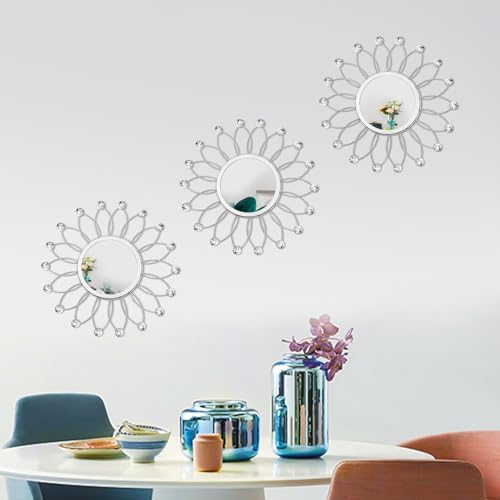 3 Pack Metal Mirrors for Wall Sunburst Wall Mirror Silver Crystal Wall Art - Image 4