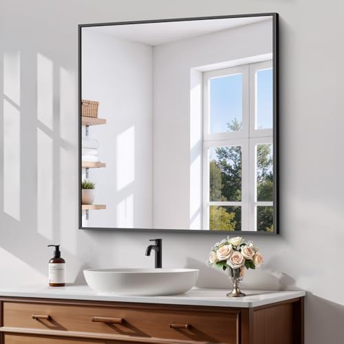 Koonmi Black Bathroom Mirror for Over Sink, Metal Framed 32"x28" Wall Mirror by KOONMI
