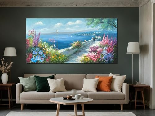 Arjun Blue Coastal Landscape Canvas Wall Art Extra Large Framed 58"x29" - Image 3