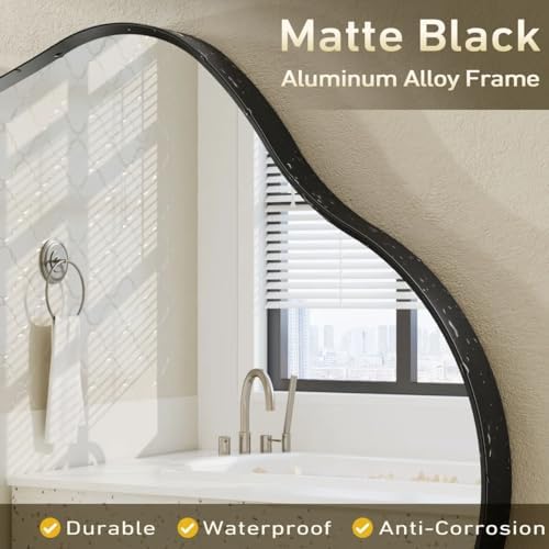 48x27 Black Irregular Mirror, Matte Asymmetrical Bathroom Mirror - Image 6