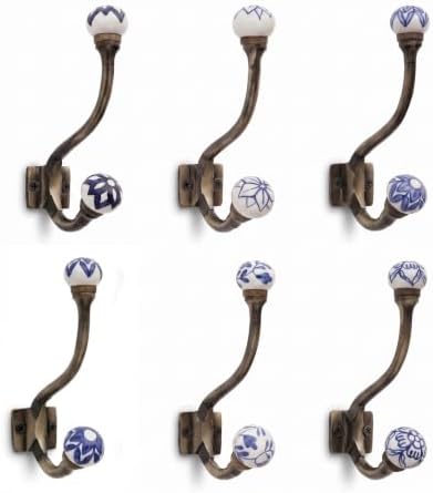 Indian Shelf Blue White Ceramic Double Wall Coat Hooks Heavy Duty 6 Pack by IndianShelf