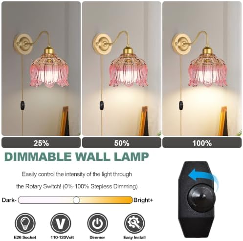 Dimmable Plug in Wall Sconce, Brushed Brass Wall Sconces Set of 2 Flower Wall - Image 2