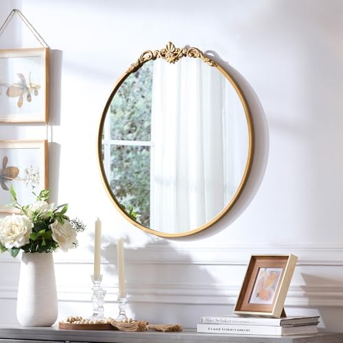 Round Gold Mirror 24.5in Ornate Baroque Antique Bathroom Mirror Large Circle - Image 2