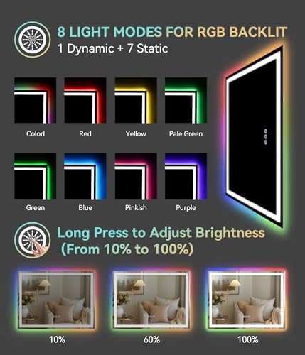 30x22 inches LED Bathroom Mirror Anti Fog Adjustable Brightness RGB Backlit - Image 2