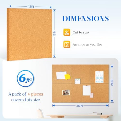 DOLLAR BOSS Cork Board Tiles, 6 Packs 12" x 12" 1/2" Thick Bulletin Board - Image 3