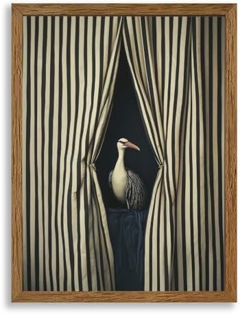 AVECCO Vintage Striped Curtain Moody Crane Wall Art Canvas Framed 12x16 in by Unknown