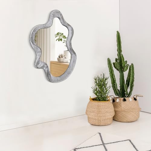 Irregular Wooden Framed Wall Mirror Modern Asymmetrical Mirror Rustic Black - Image 6