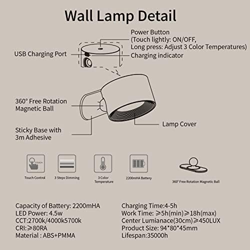 AKSDA Battery Operated Wall Sconce, LED Reading Light, 360-Degree Rotation - Image 5