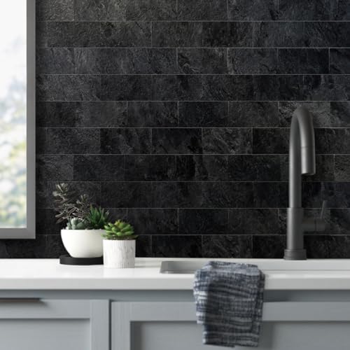 AULIGET 3" x 6" Black Peel and Stick Backsplash Wall Tiles, PVC Slate Stick on - Image 2