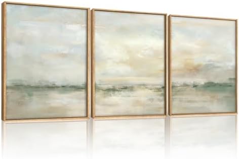 LHIUEM Abstract Green Gray Pastel Framed Canvas Wall Art, Neutral Landscape by LHIUEM
