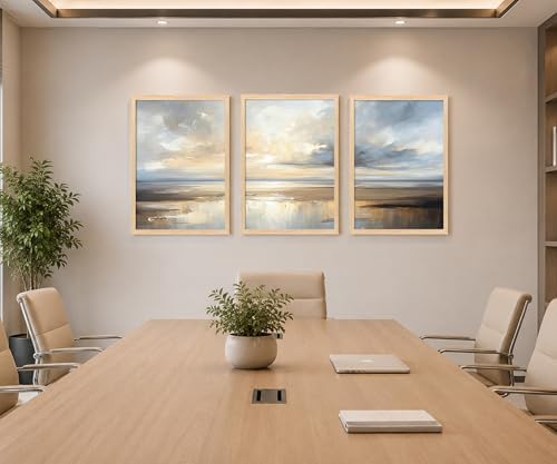 Framed Modern Abstract Coastal Oil Painting Wall Art Set of 3, 12x16 Inch - Image 5