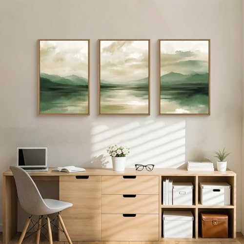 FWIEXA Sage Green Abstract Canvas Wall Art Set of 3, Framed Beige White - Image 2