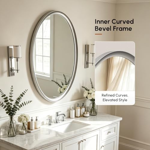USHOWER Brushed Nickel Oval Bathroom Mirror, 20x28 Inch Oval Mirror - Image 2