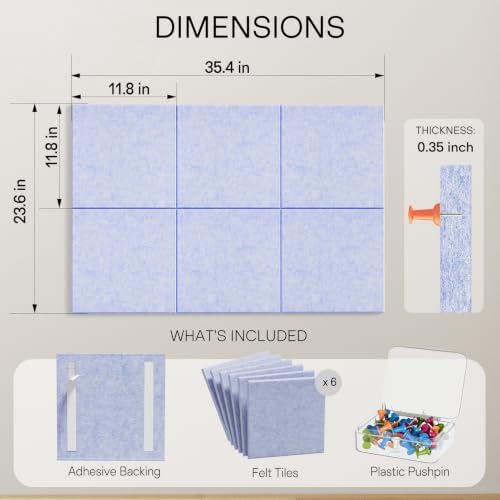 MaxGear Felt Bulletin Board 36" x 24", Light Blue Felt Wall Tiles Push Pins - Image 4