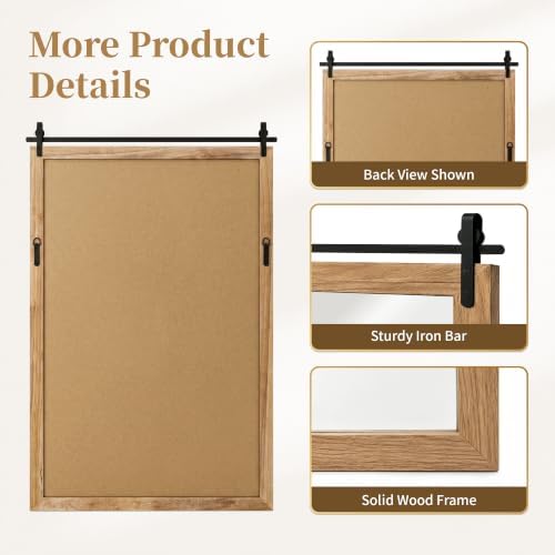 Farmhouse Bathroom Vanity Mirror, 48”x 30” Wood Barn Door Mirror, Light Brown - Image 6