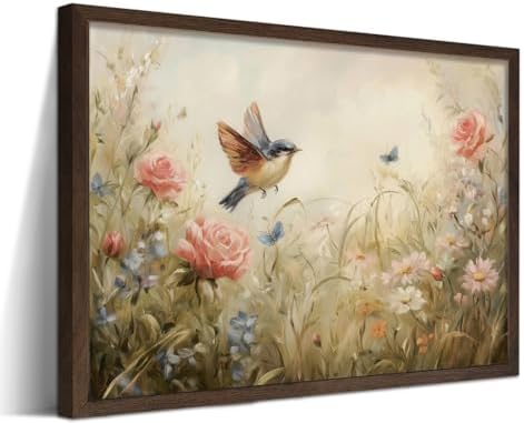 Vintage French Framed Wall Art, Wildflower Meadow Bird Canvas Prints by MJONGwallart