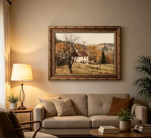 Vintage Gold Framed Autumn Country Cottage Wall Art ，Rustic Farmhouse Landscape - Image 3