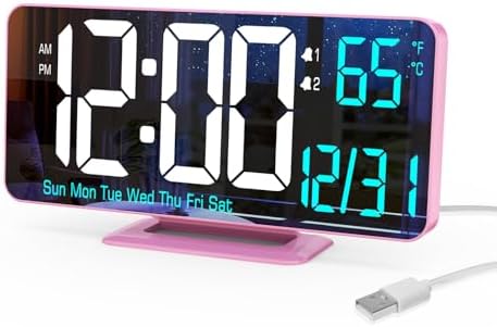 Pink Digital Clock for Bedroom 6.7in Dual Alarm Clock by KOSUMOSUTECHNOLOGY