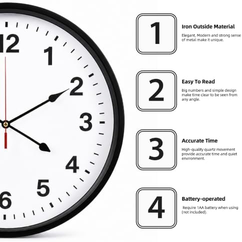 LEIKE Metal Wall Clock 16IN Black, Retro Silent Quartz Battery Operated - Image 2