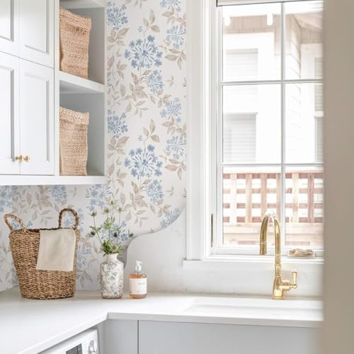 Heroad Boho Floral Wallpaper Blue/Beige Peel and Stick Wallpaper Neutral Leaf - Image 2