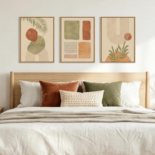 Boho Sage Green Framed Canvas Wall Art, Abstract Geometric Beige Wall Decor - Image 4