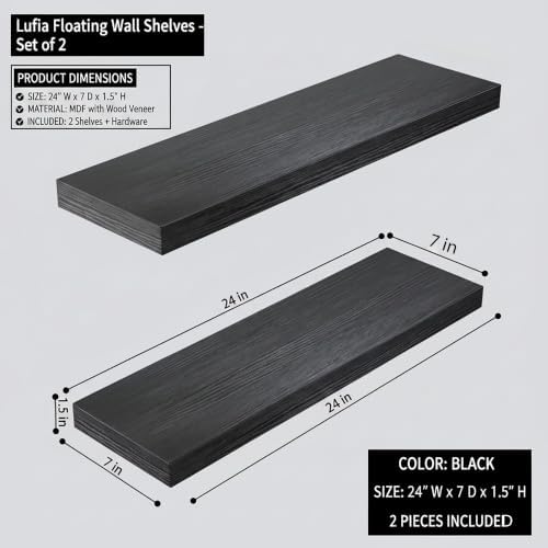 Lufia Set of 2 Black MDF Floating Wall Shelves - Image 2