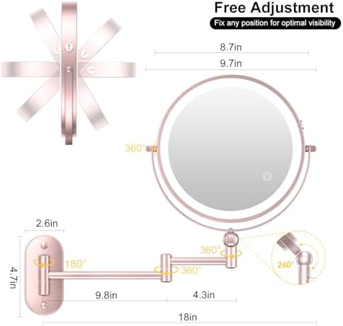 9" Wall Mounted Lighted Makeup Mirror, 4000mAh Rechargeable Double Sided 1X/20X - Image 3