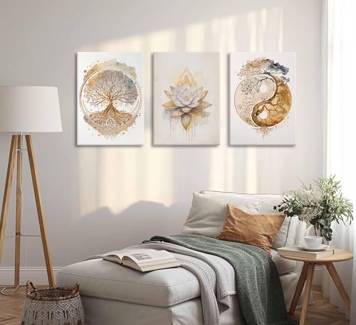 Tree of Life Canvas Wall Art Lotus Zen Painting Picture Wall Decor Abstract Yin - Image 3