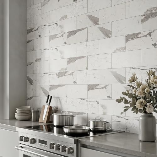 6" x 12" Peel and Stick Backsplash Wall Tiles, Carrara White Marble PVC Faux - Image 2