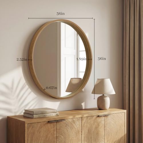 WallBeyond 36 Inch Natural Round Wood Mirror, Large Circle Wooden Frame Wall - Image 4