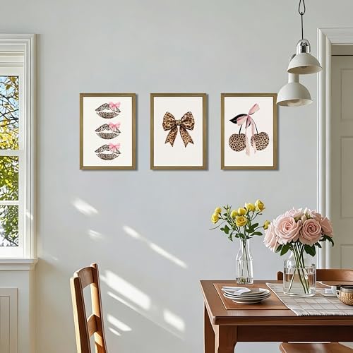 Framed Leopard Print Wall Art Set of 3, Cute Cherry Lips Bow Canvas Posters - Image 5
