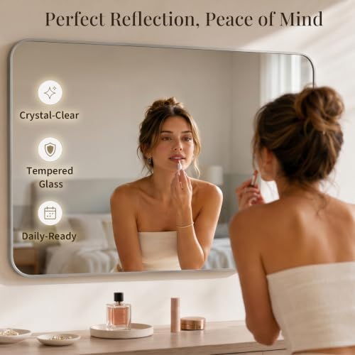 30x48 Inch Brushed Nickel Rounded Rectangle Bathroom Vanity Mirror - Image 4