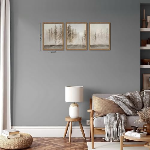 Framed Vintage Forest Wall Art Set of 3, Neutral Tree Landscape Canvas Wall - Image 3