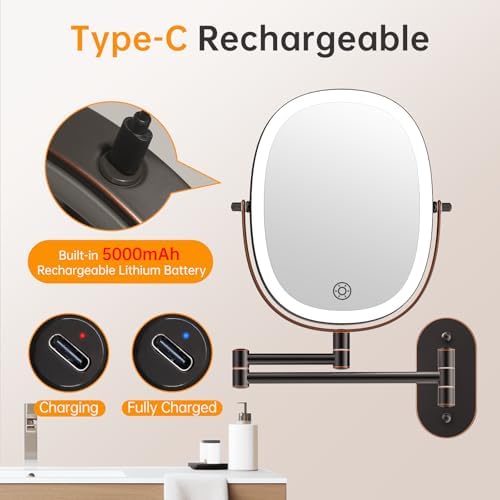 FUNTOUCH 5000mAh Rechargeable Wall Mounted Lighted Makeup Mirror - Image 3