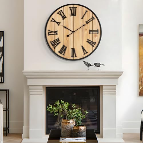 Large Wall Clock 30IN, Silent Metal Wood Style Wall Clocks Battery Operated by Henescribe