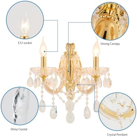 YLONG-ZS Gold Traditional Crystal Wall Sconce, 2-Light Candle Style Vanity Lamp - Image 6