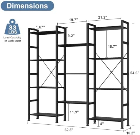 DUMOS Triple Column 4 Tier Bookshelf, Wide Industrial Bookcase - Image 2