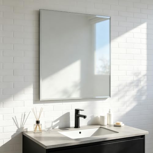 Bathroom Mirror for Over Sink 30x30 Inch Frameless Wall Mirror Beveled Edge by Ruomeng