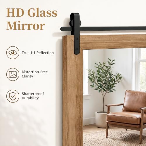 Farmhouse Bathroom Vanity Mirror, 48”x 30” Wood Barn Door Mirror, Light Brown - Image 3