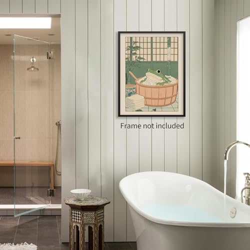 Japanese Frog in a Bathtub Wall Art Sage Green Relaxing Bathroom Posters Fun - Image 5