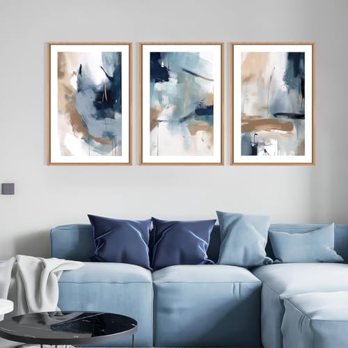 LHIUEM Large Abstract Navy Blue Framed Canvas Wall Art, Neutral Brush Stroke - Image 3