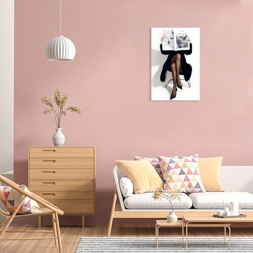 Woman Reading Newspaper Poster Black And White Photography Canvas Wall Art - Image 6
