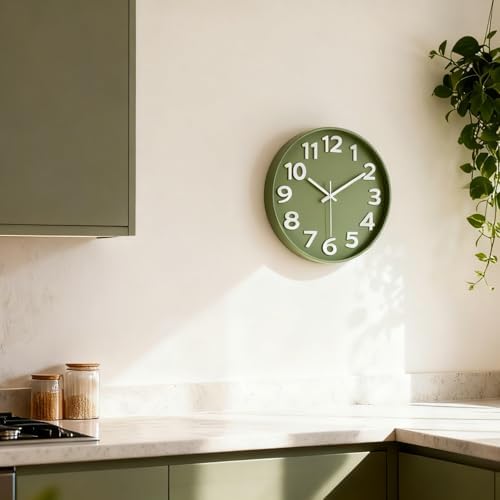 45MinST 8-Inch Green Modern Wall Clock – Silent Non-Ticking, 3D Large Numbers - Image 3