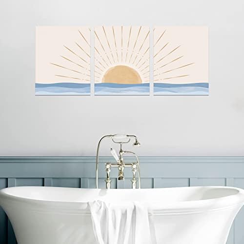 Boho Wall Art Set of 3, Neutral Geometric Sun Rising on the Sea Minimalist Art - Image 2