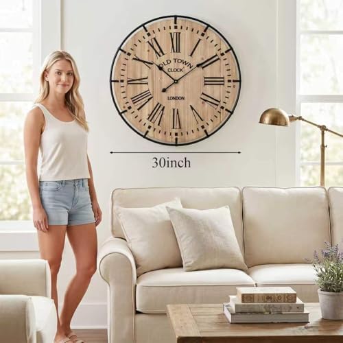 EMAX HOME 30 Inch Rustic Wall Clock, Warm Light Oak Wood Look - Image 3