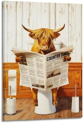 Funny Highlands Cow Reading Newspaper Poster Canvas Wall Art Picture Prints by Unknown